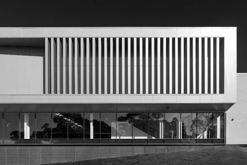 Black and white study of a white facade with vertical fins above a glazed ground floor